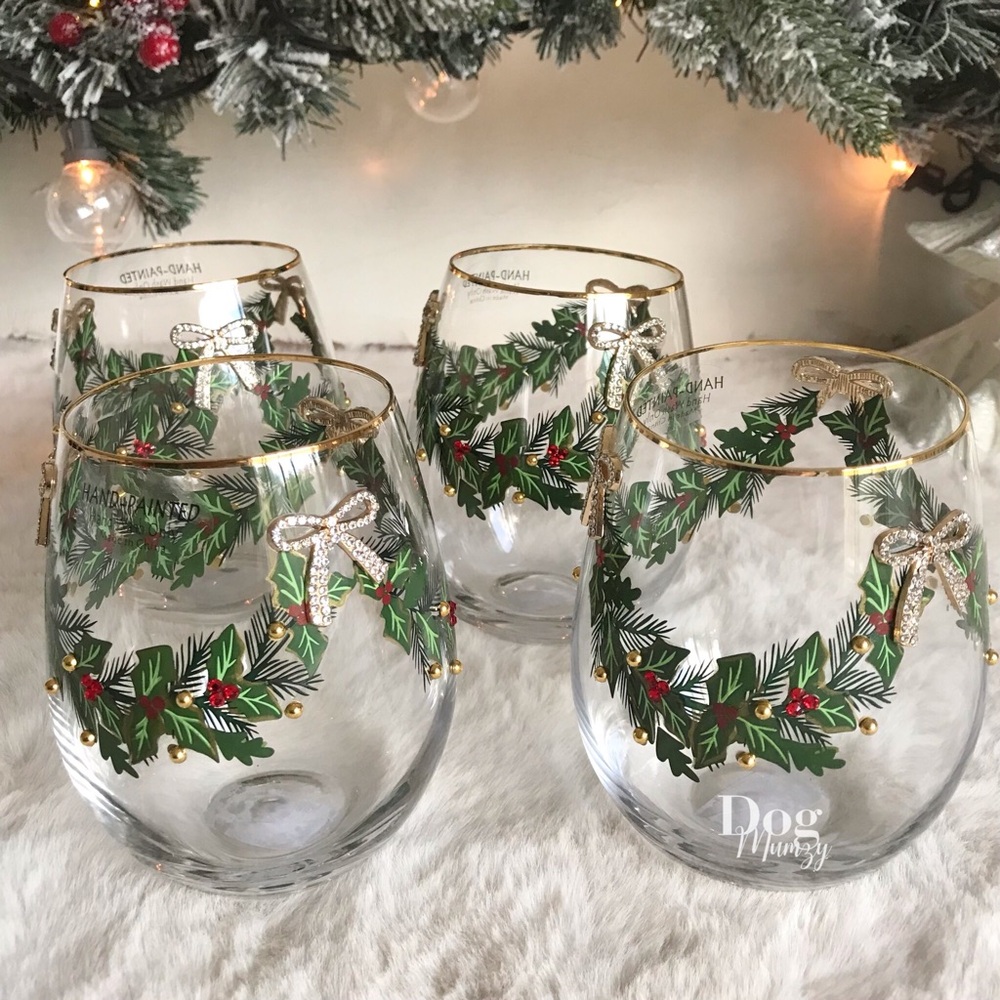 4 Gold Rimmed Holly Berry Ribbon Bow Christmas Stemless Wine Glass